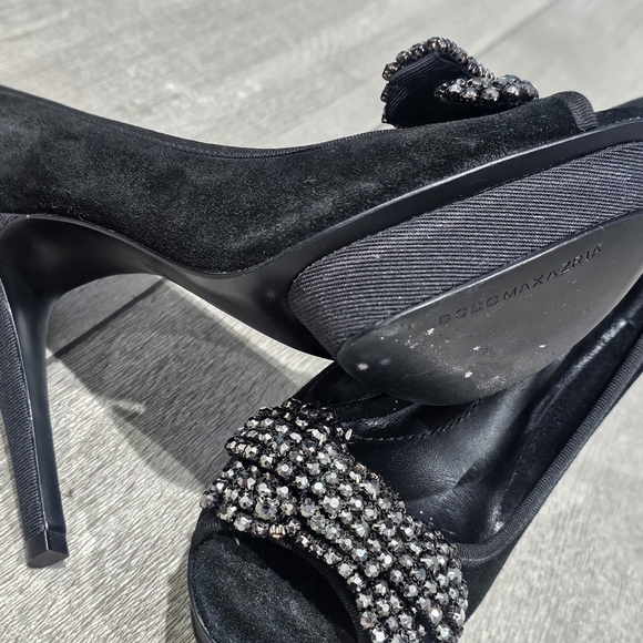 BCBG MAXAZRIA Black Suede Peep Toe Studded Bow Platform Pumps 6.5B - Picture 8 of 9